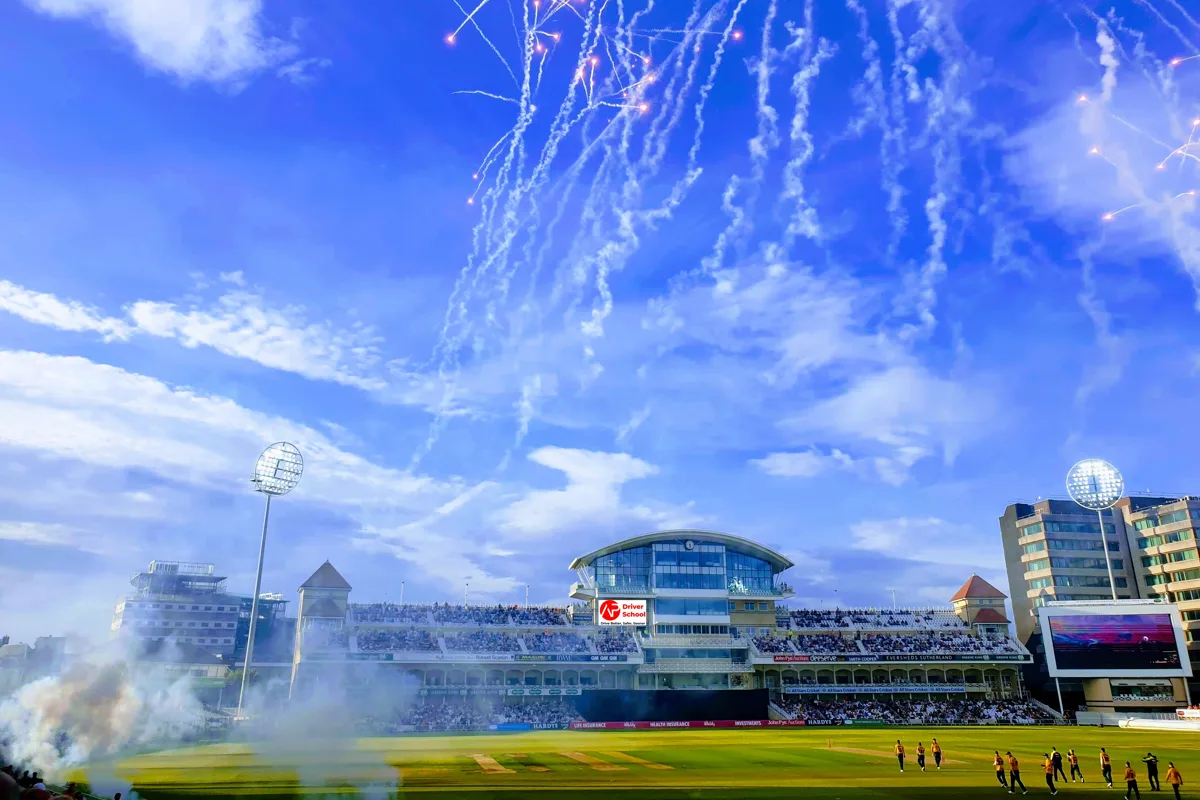 West bridgford cricket ground with fireworks over pitch